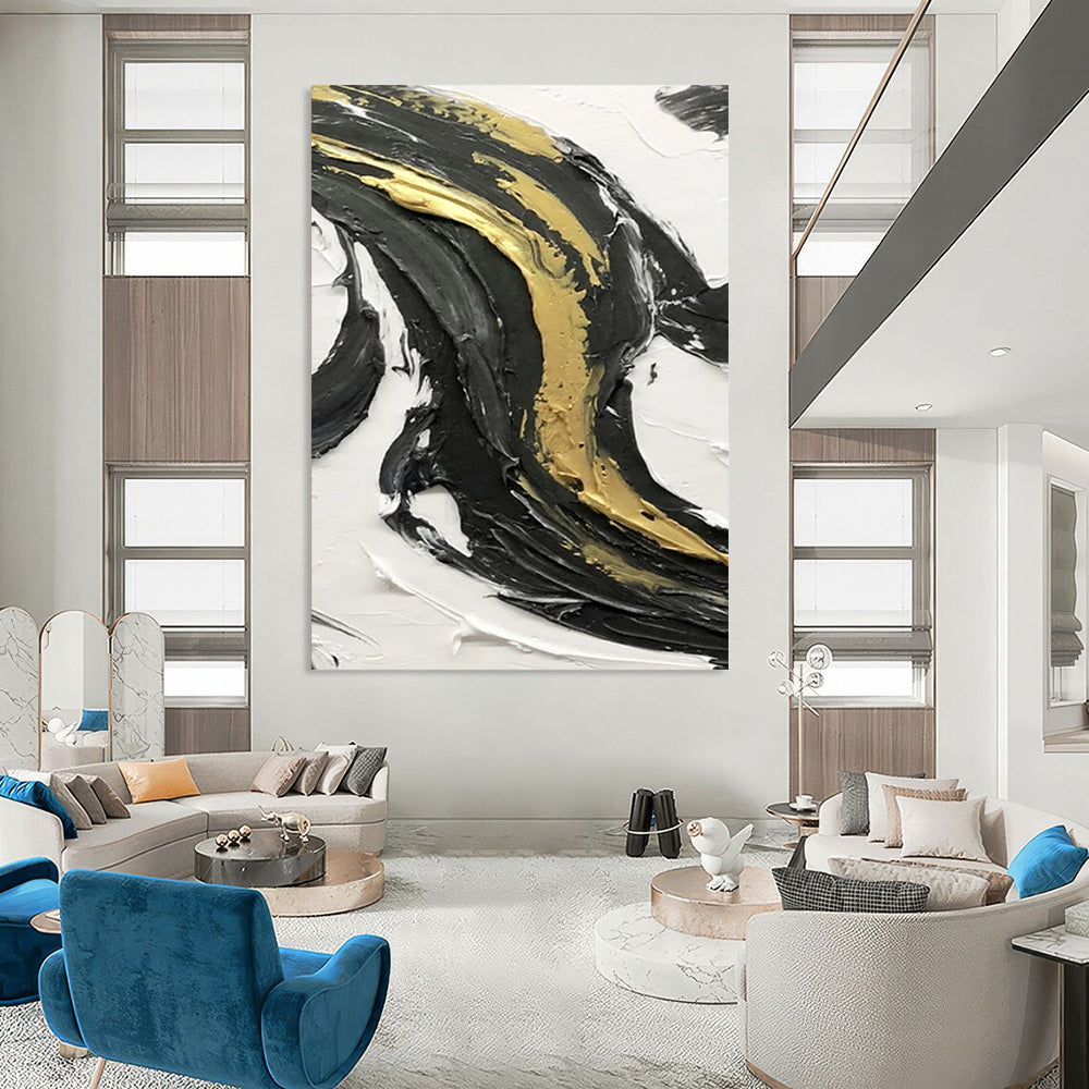 “Black, White, Gold Textured Swirls ‘Luxury Motion’” - Impasto Abstract Painting On Canvas DTP379
