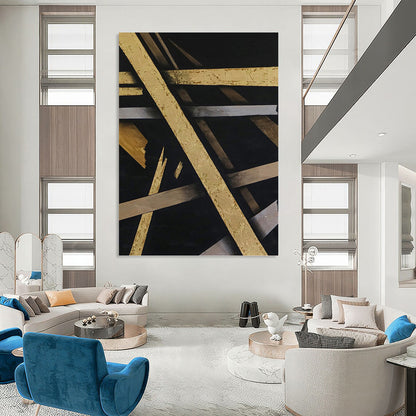 “Gold & Silver on Black Abstract” - Luxurious Abstract Painting On Canvas DKH1094