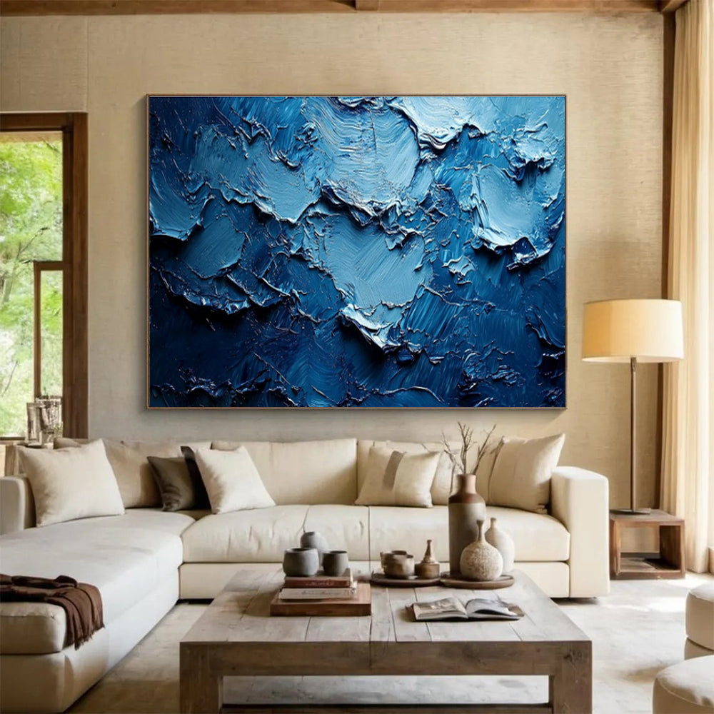 “Cobalt Textured Waves” - Blue, Dark Blue Impasto Abstract Painting On Canvas DKH758