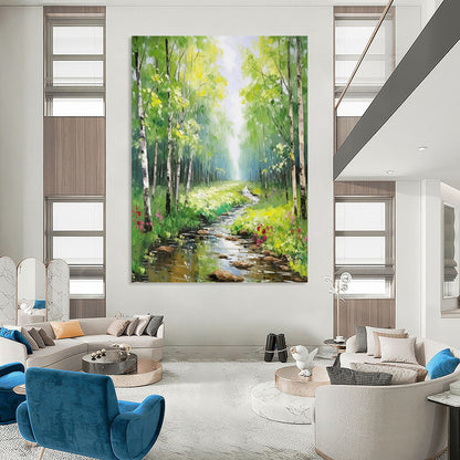 Sunlit Forest Stream - Landscape Oil Painting On Canvas DKH1266
