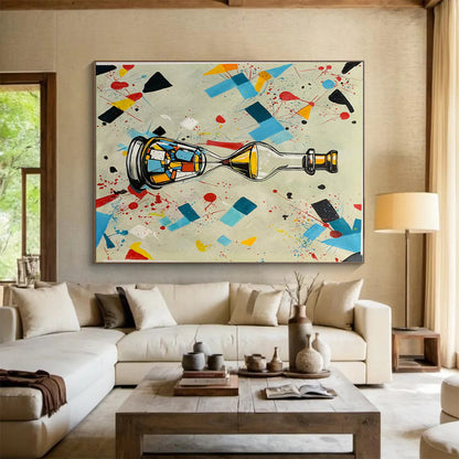 Colorful Geometric Splash with Bottle - Hourglass, “Time in a Kaleidoscope” - Pop - Abstract Mixed - Media Painting CT0718