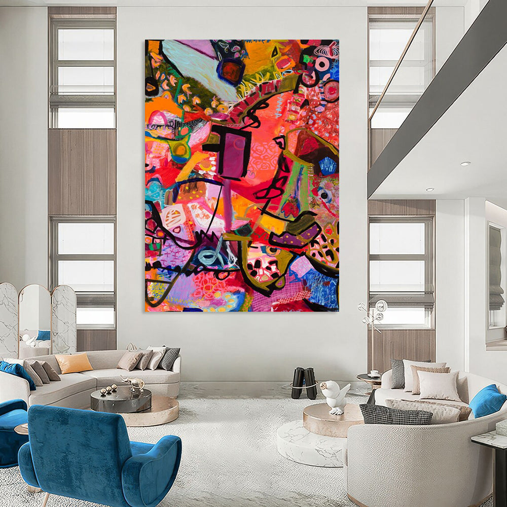 “Vibrant Abstract Mosaic” - Pink, Purple, Orange Dynamic Forms Painting On Canvas DTP292