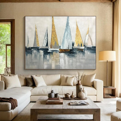 “Gold and Gray Sailboat Abstract” Painting On Canvas DKH169