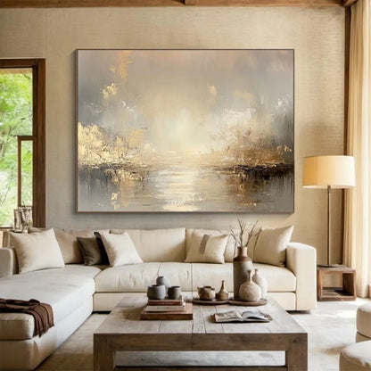 Gold Accent River Landscape Painting On Canvas DKH323