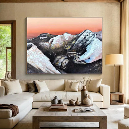 Snow - Capped Mountains Under Orange Sky Painting On Canvas DKH651
