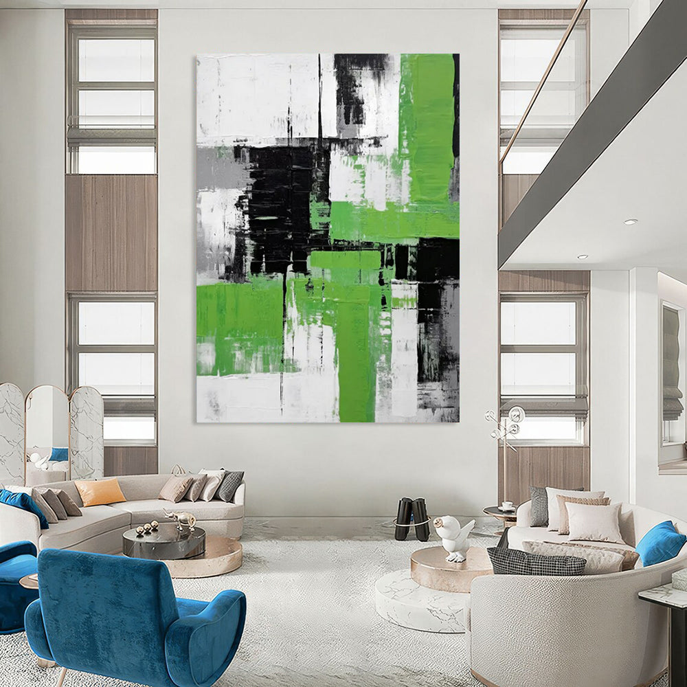 Black, White & Green Abstract - Color - Block Abstract Painting On Canvas CT2267