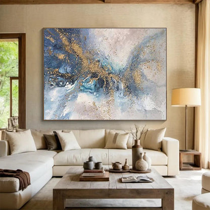 Blue & Gold Abstract Flow - Gray, Blue & Gold Fluid Art Painting On Canvas DKH893