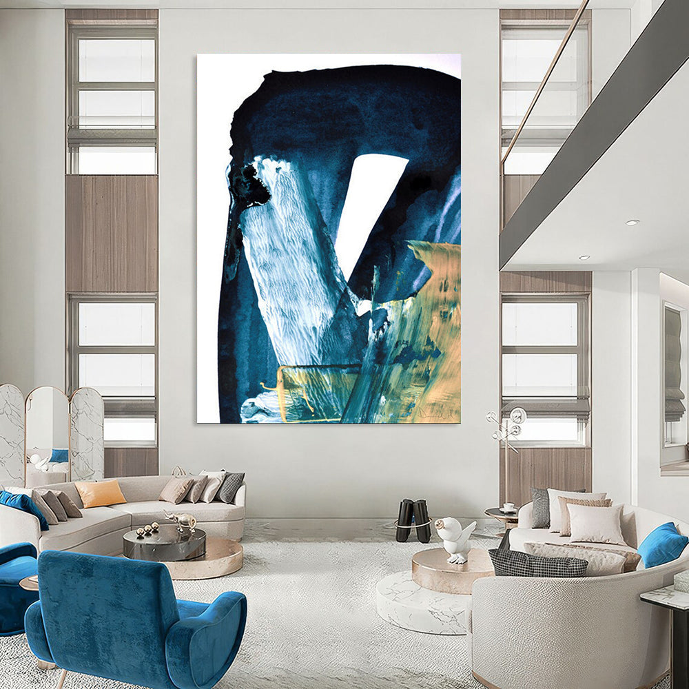 “Deep Blue - White - Gold Abstract” - Abstract Ink - Inspired Painting On Canvas DTP190