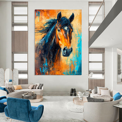 “Dynamic Horse Portrait” - Orange, Blue & Black Equine Painting On Canvas CT2210