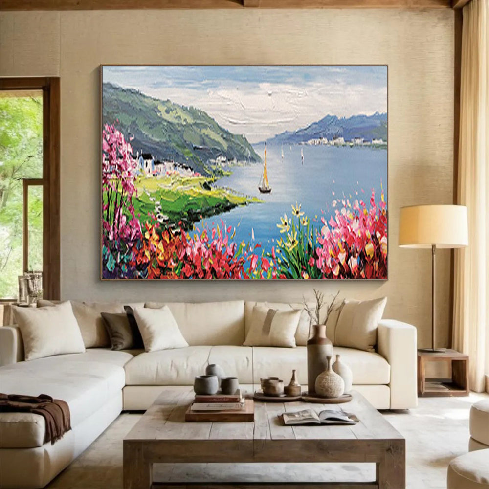 Lakeside Village with Blossoms - Impressionist Landscape Painting On Canvas DLZ209