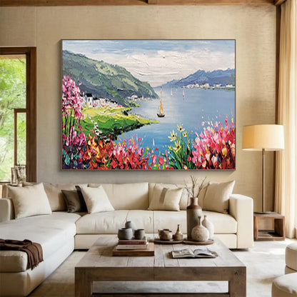 Lakeside Village with Blossoms - Impressionist Landscape Painting On Canvas DLZ209