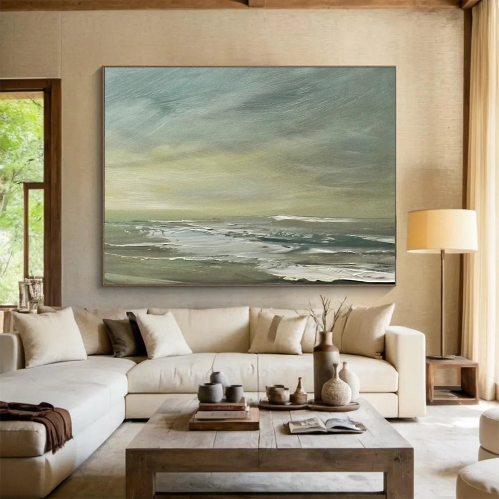 “Green, Gray, Coastal Breeze ‘Muted Shore’” - Impressionist Seascape Painting On Canvas DLZ027