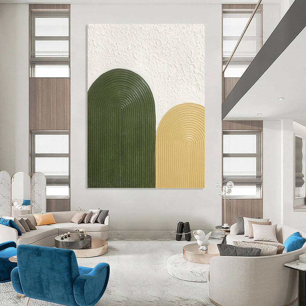“Olive & Mustard Arches” - Green & Yellow Textured Curves Painting On Canvas DKH1176