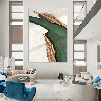 “Elegant Streaks” - Green & Gold Abstract Shapes Painting On Canvas DKH1507