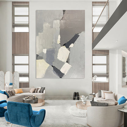 “Gray - Toned Geometric Abstraction” - Gray, White & Black Abstract Geometric Shapes Painting On Canvas DKH1586