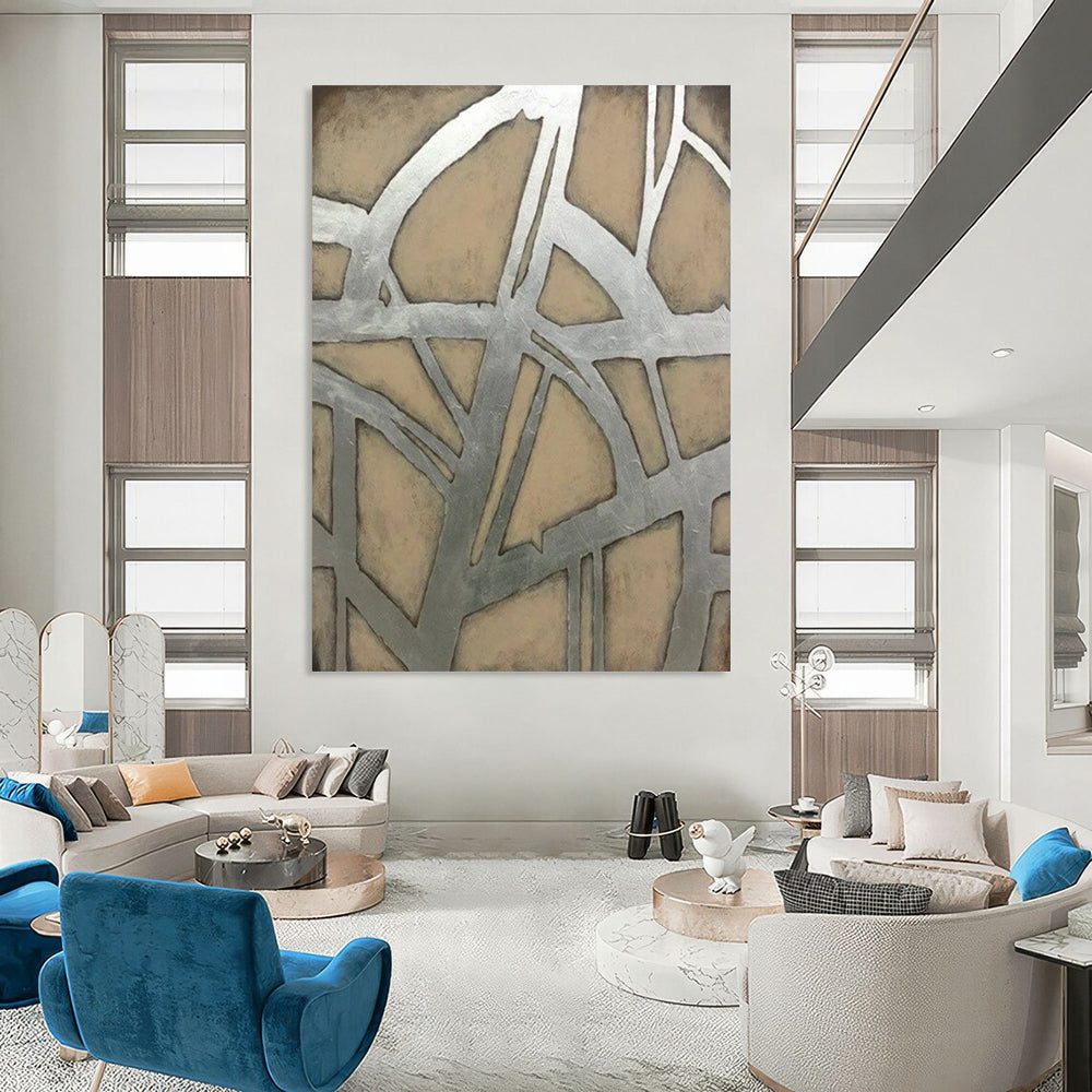 “Silver & Beige Geometric Web” - Abstract Painting On Canvas CT2328