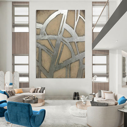 “Silver & Beige Geometric Web” - Abstract Painting On Canvas CT2328