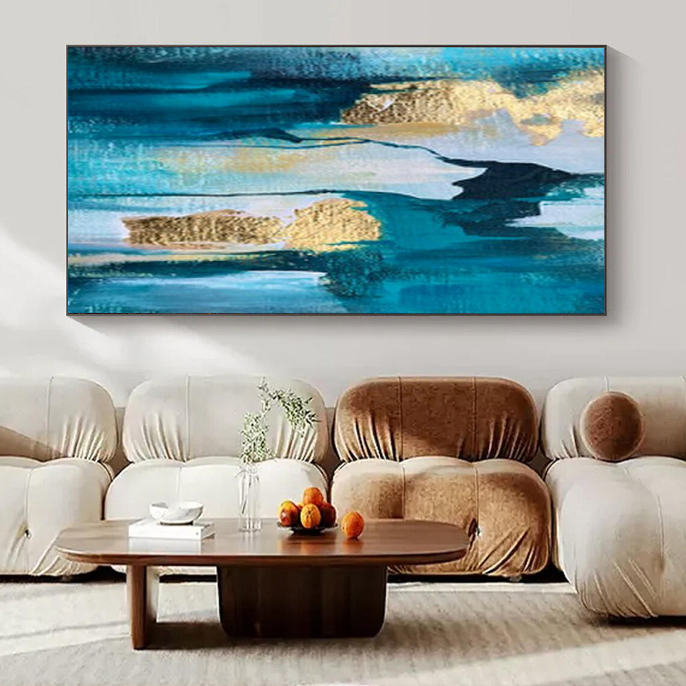 “Blue, Gold Cascading Waterfall” – Textured Abstract Art CT1007