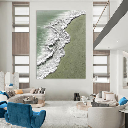 “Textured Beach Waves” - Green, White & Blue Textured Seascape Painting On Canvas DKH1200