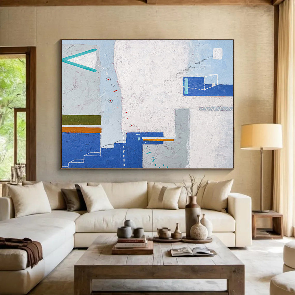 Color - Blocked Geometry with Blue, White, and Earth Tones, Abstract Cityscape Painting On Canvas DKH571