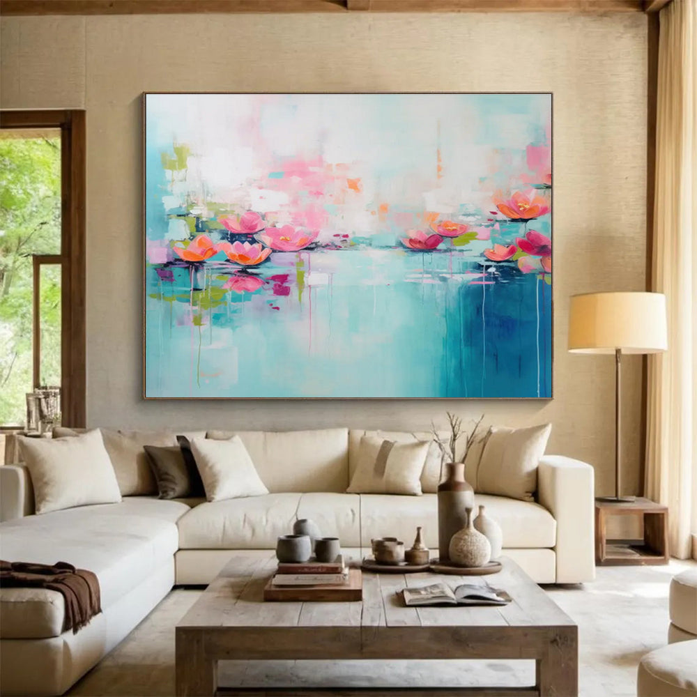 “Blush Lotus Pond” Impressionist - Inspired Oil Painting On Canvas DKH493