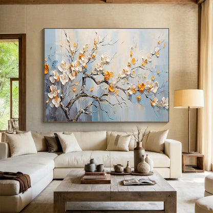 Blooming Tree with White and Orange Flowers - Impasto Floral Painting On Canvas DLZ202