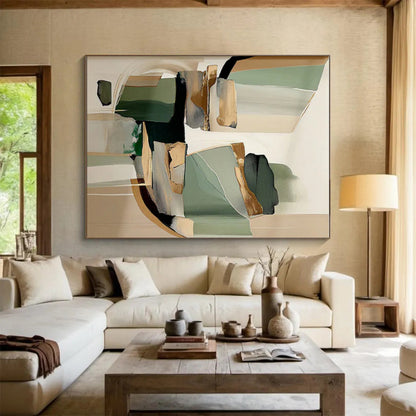 Green, Beige & Gold Geometric Forms, “Elegant Abstraction” - Mixed - Media Abstract Painting CT0764