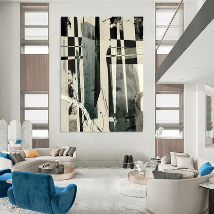 “Checkerboard Abstract Fusion” - Black, White, Gray Abstract Painting On Canvas DTP218