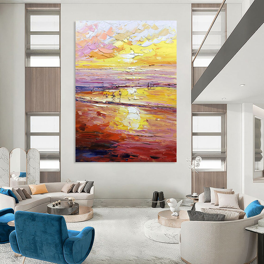 Vibrant Sunset Beach in Warm Hues - Impressionistic Landscape Painting On Canvas DKH1306