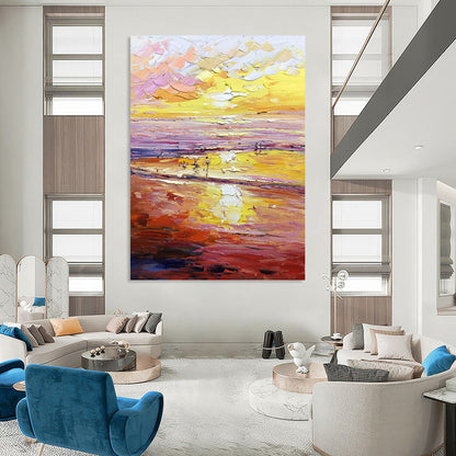 Vibrant Sunset Beach in Warm Hues - Impressionistic Landscape Painting On Canvas DKH1306
