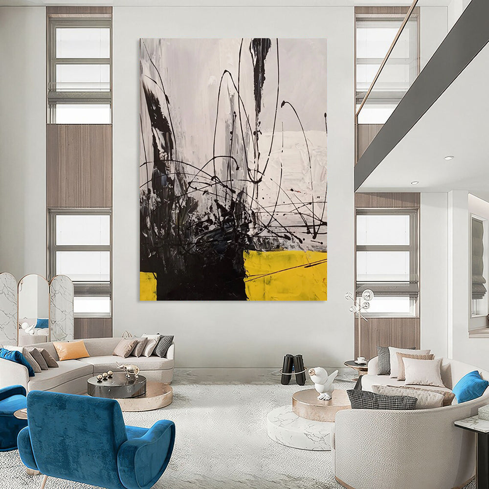 “Black - White - Yellow Abstraction” - Abstract Expressionist Painting On Canvas DTP053