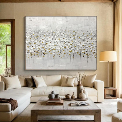 White Flowers with Gold Accents - Minimalist Impasto Painting On Canvas DLZ214