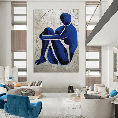 “Contemplative Blue” - Blue and Gray Abstract Figure Painting On Canvas DKH1569