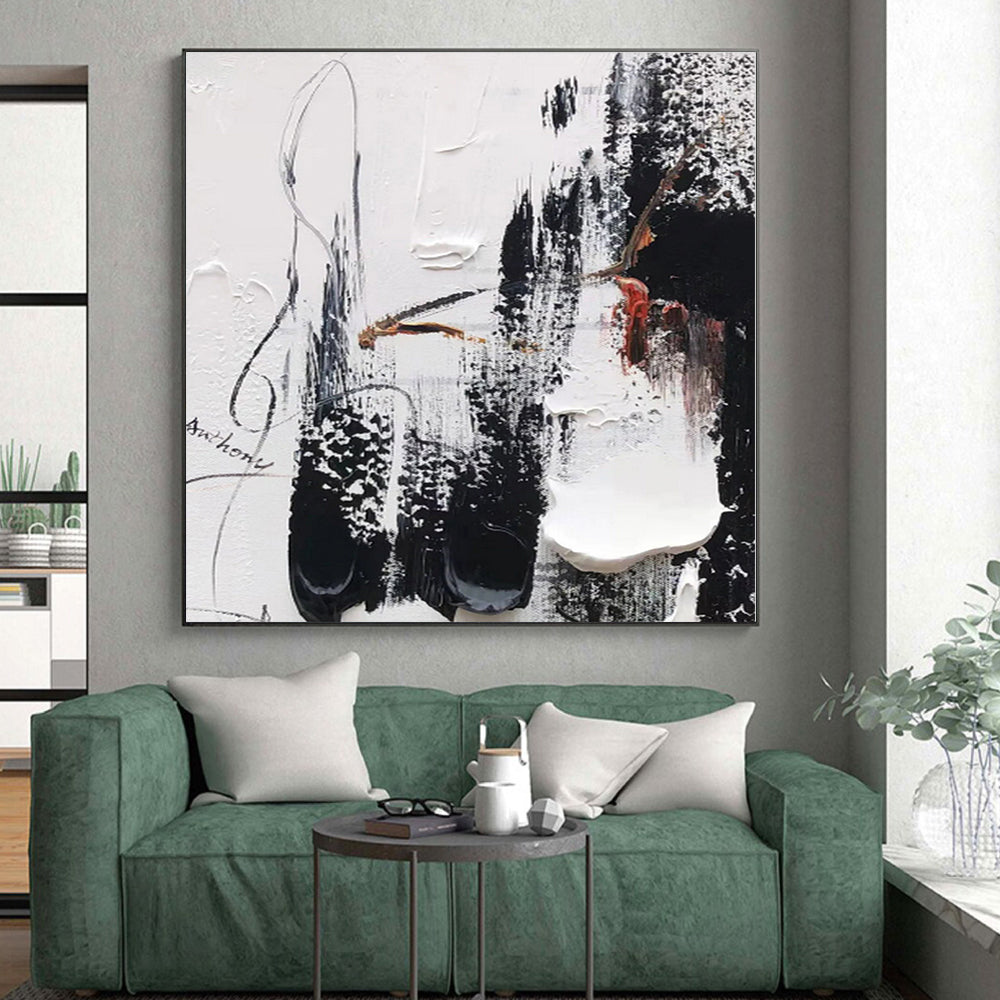 “Black - White - Red Textured Abstraction” - Abstract Expressionist Art CT0495