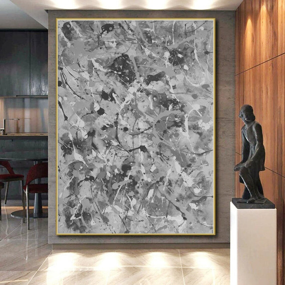 “Gray - White Splatter Abstraction” - Abstract Expressionist Art CT0478