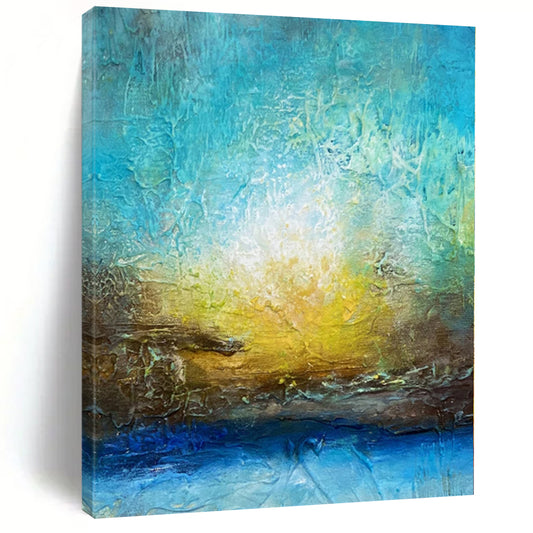 “Sunrise Textures” - Abstract Painting with Blue, Teal, Yellow, Brown CT0046