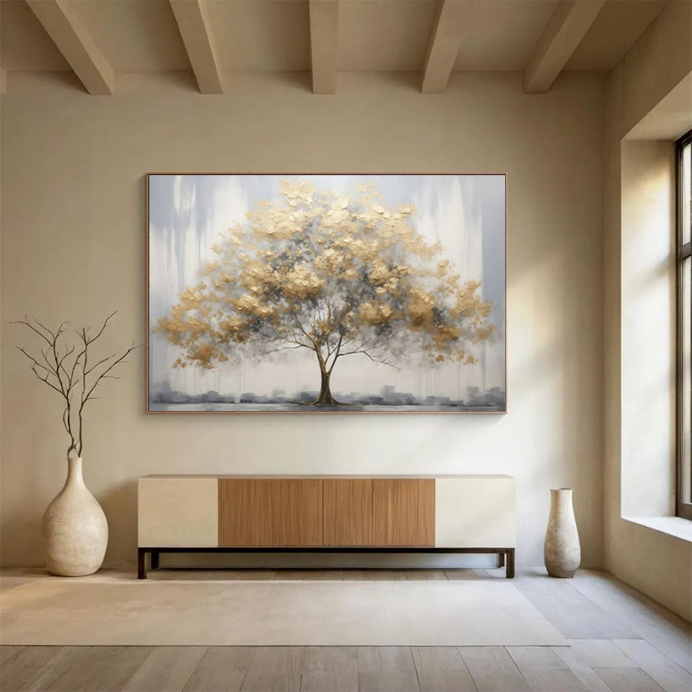 “Urban Gold Tree” - Golds, grays; textured tree with a cityscape backdrop CT1621