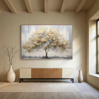 “Urban Gold Tree” - Golds, grays; textured tree with a cityscape backdrop CT1621