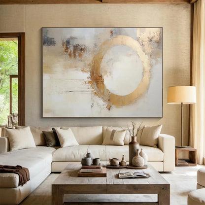 “Gold Circle with Drips”，Abstract Expressionist Mixed - Media Art CT0586