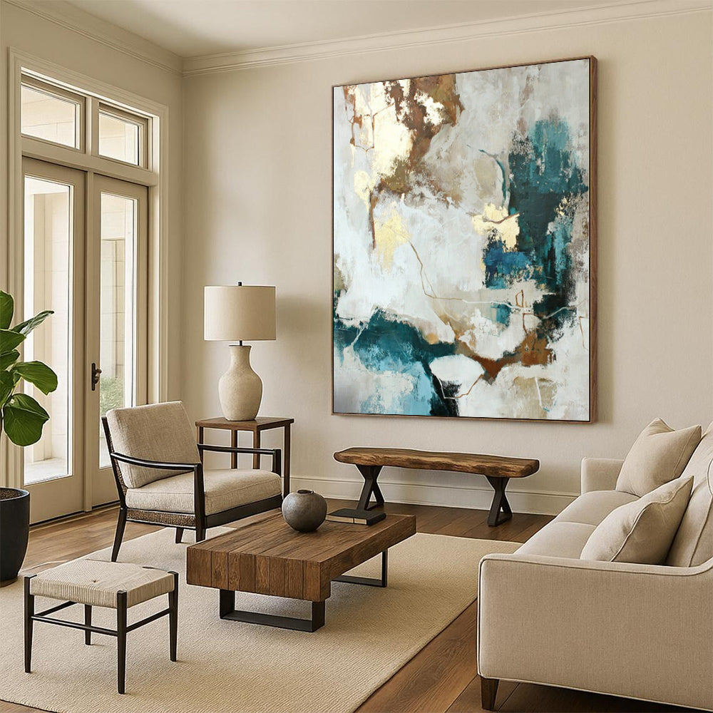 “Blue - Gold - Neutral Abstract Fusion” Abstract Acrylic Art CT0258