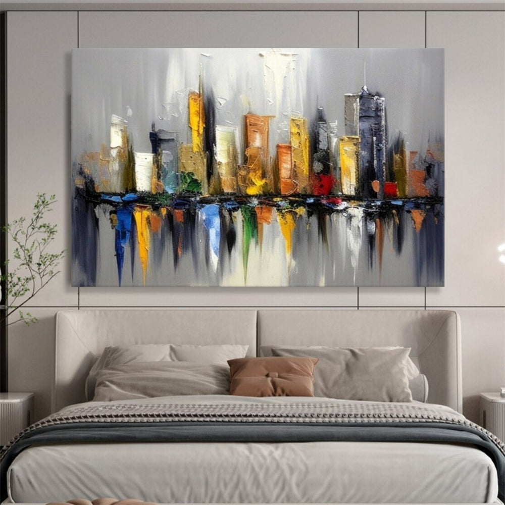 “Hand - painted City Skyline” - Textured cityscape with reflective elements in various colors CT1647
