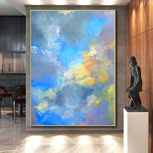 “Blue - Yellow - Gray Abstract Clouds” Impressionistic Acrylic Art CT0223