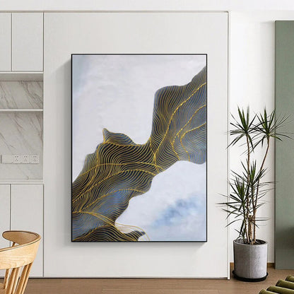 “Blue and Gold Wavy Lines”，Line - Driven Abstract Painting CT0357