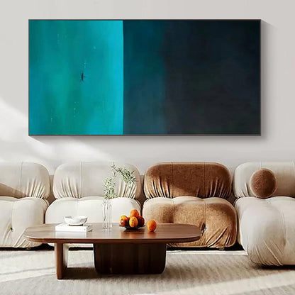 “Dark Blue - Teal Sea with Boat” Minimalist Acrylic Art CT0194