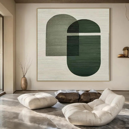 “Olive and Dark Green Geometric Overlaps” Minimalist Acrylic Art CT0165