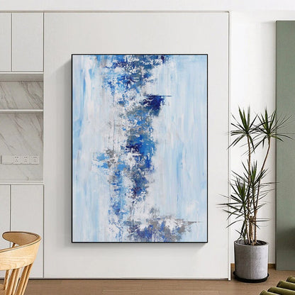 “Blue & Gray Waterfall” - Abstract Painting with Light Blue, Dark Blue, Gray CT0072