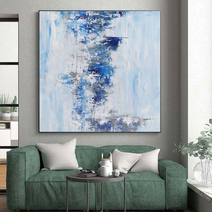“Blue & Gray Waterfall” - Abstract Painting with Light Blue, Dark Blue, Gray CT0072