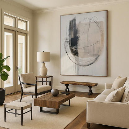 “Beige - Black Dynamic Circles” Abstract Acrylic Art CT0273