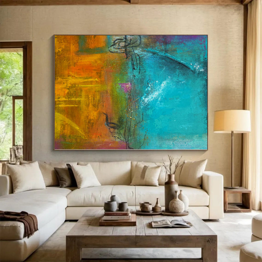 “Vibrant Terrain” - Abstract Painting with Teal, Green, Orange, Purple, Yellow CT0059