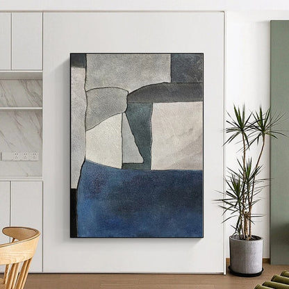“Gray & Blue Patchwork: Minimalist Abstraction” - Abstract Minimalist Painting CT0386